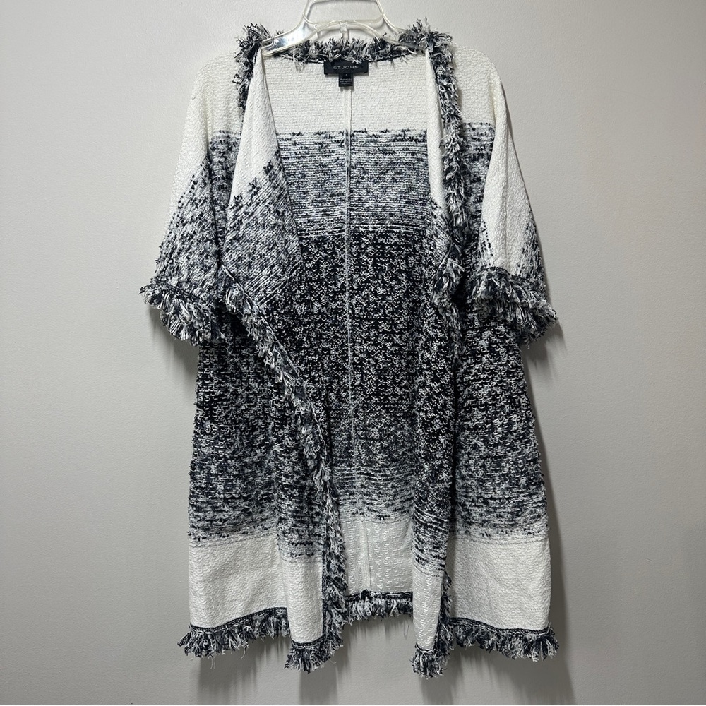 ST.JOHN Short sleeve Cardigan Sweater Tweed Open Front Wool blend